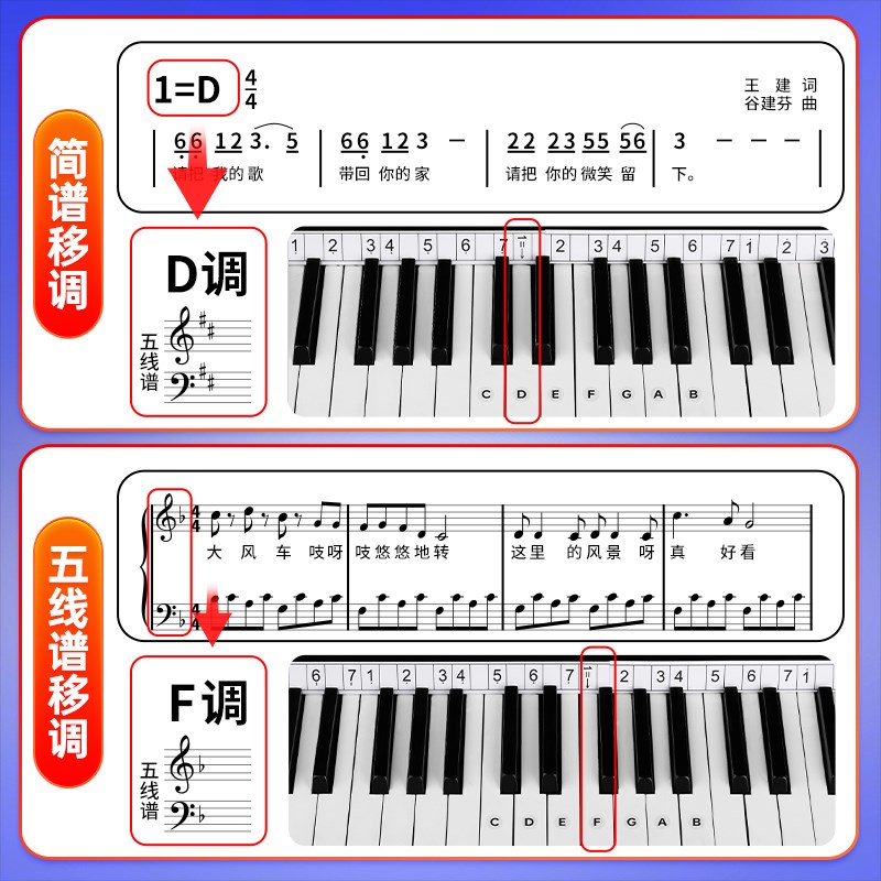 钢琴变调尺电钢电子琴简谱五线谱移调尺88键升降音阶自学键盘贴纸