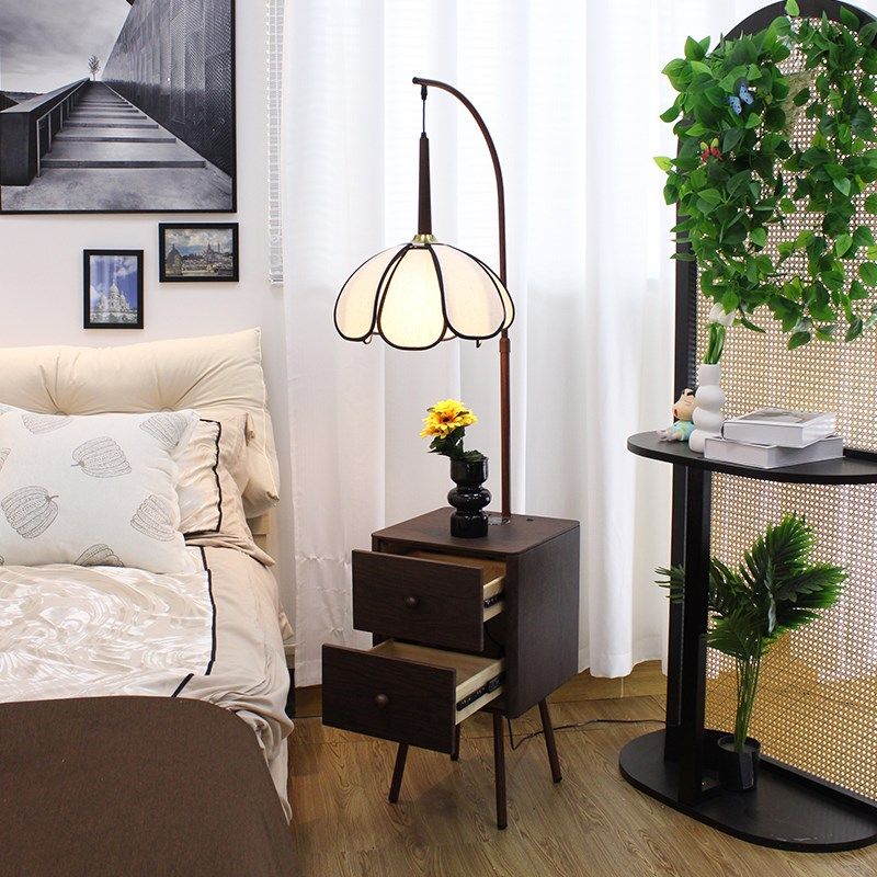 中古风实木卧室落地灯法式复古客厅茶几边几床头柜台灯置物架一体