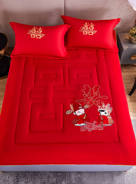 结婚婚庆大红色纯棉花褥子垫被棉絮家用1.8m床褥双人床垫炕被被褥