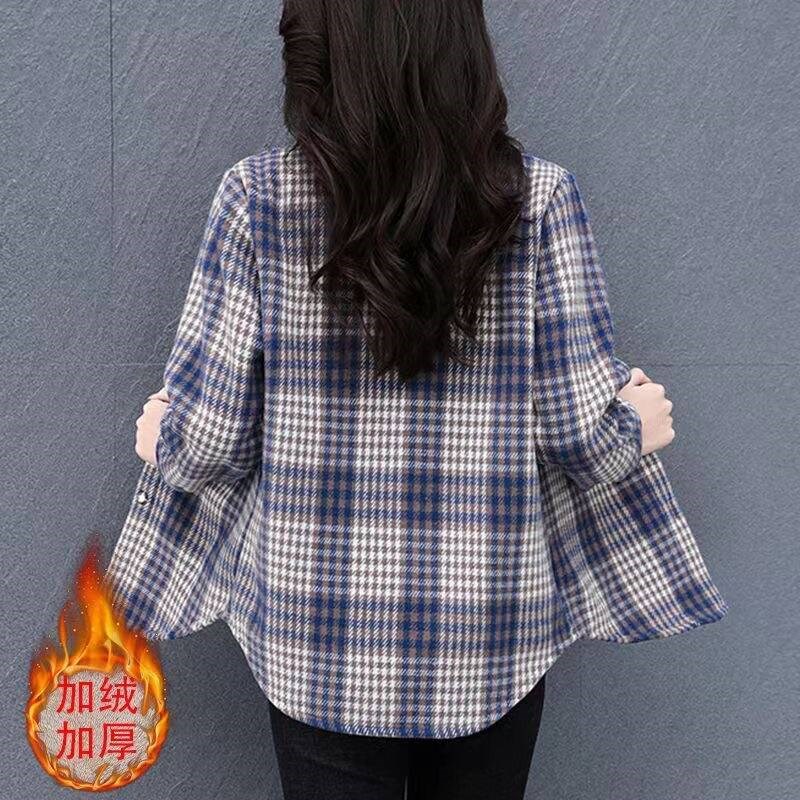 秋冬新款加绒加厚衬衫女保暖宽松磨毛棉加厚衬衣外套时尚格子上衣