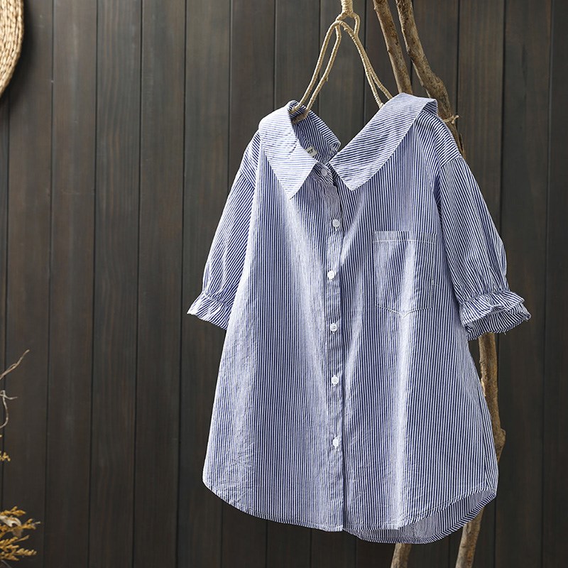 纯棉条纹短袖衬衫女设计感2025夏装新款宽松显瘦气质翻领衬衣外套