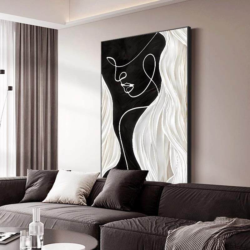 黑简约现代客厅装饰画背景墙壁画抽黑色海浪象白关沙发落画高地级