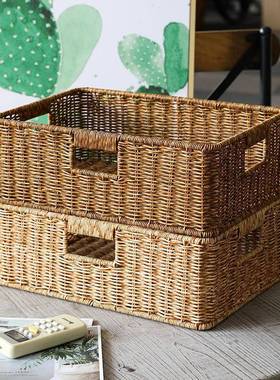 编织收筐家用橱S2My2ENM茶整理筐衣柜服零食纳收纳箱仿几藤编篮欧