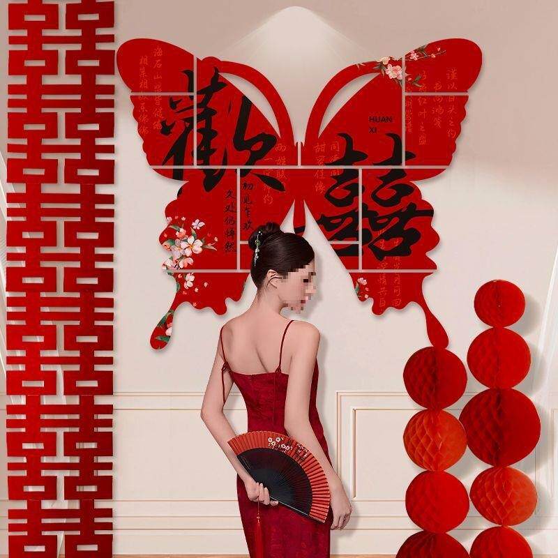 墙壁女置方景墙结背蝴蝶装RST饰感尾婚婚房布套装卧室床拍照男方