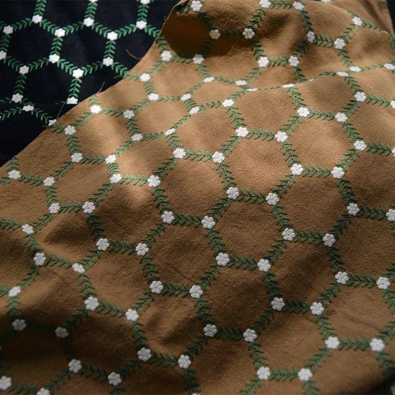 TMD麻砂洗六供边形花刺绣棉园麻布料田棉日韩面料现货应水洗布料