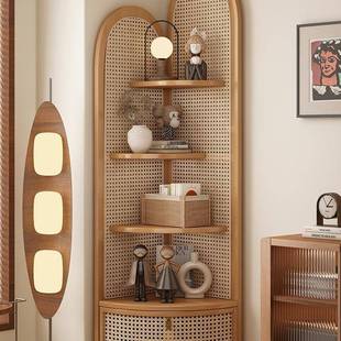 藤编转角置架三餐物边柜实木边角柜墙角落地柜子客厅拐GMP角收纳