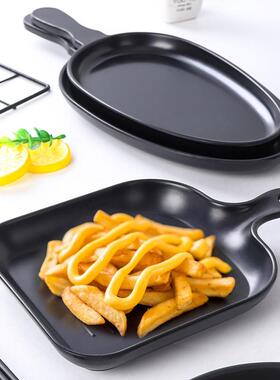 YYY1商0瓷装密胺仿日式创意餐具黑色磨砂手柄盘用平盘披萨手柄餐