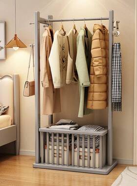 实木衣帽落地卧SBY家用挂室衣架带收纳衣篓架衣架收纳入户置架物