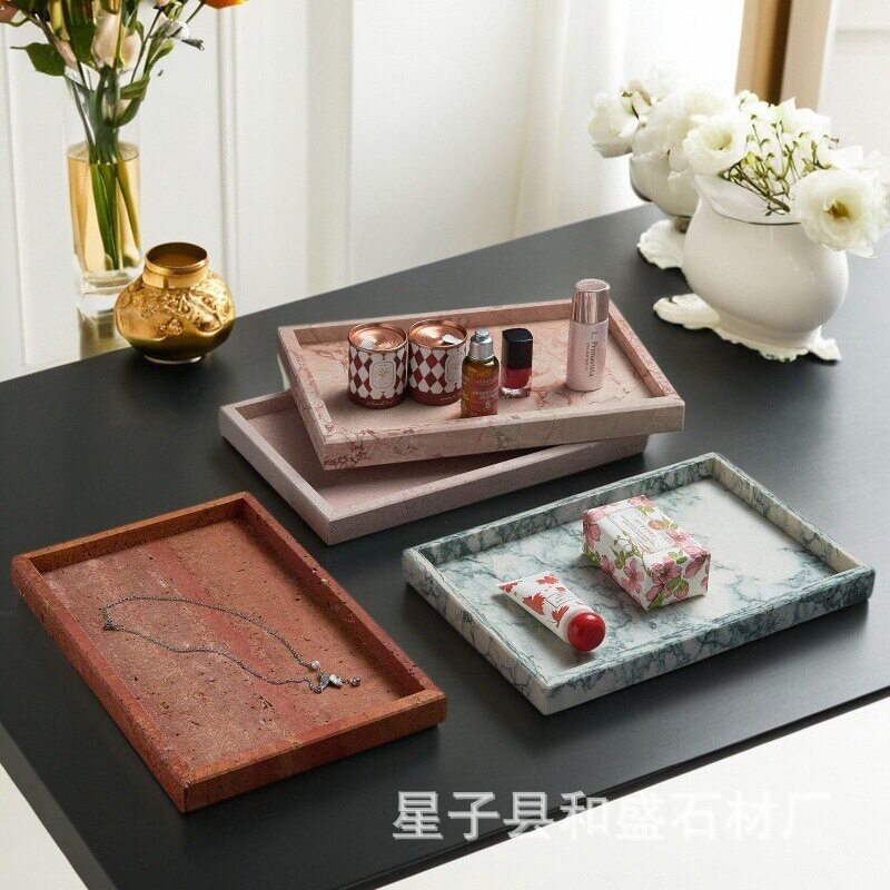 天然大理石奢石方形托盘浴室洗手台置物收纳香氛整理托盘归纳盘