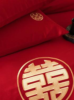 高端婚庆四件套高轻奢长绒棉970单大红色床喜被床婚嫁双人婚床端