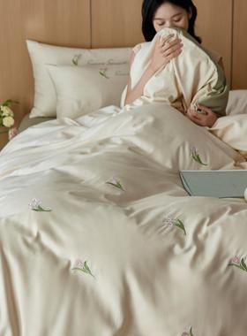 小冬清新风100S全棉磨毛件套秋加厚60585四郁金香棉刺绣纯被套床