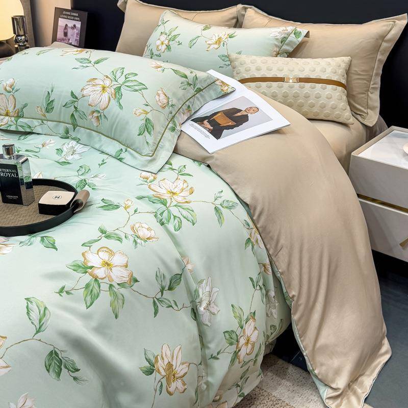 A裸类园兰天丝四件套丝滑睡田精风高档印花被套床单床322笠3件套