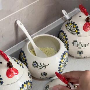 小鸡陶瓷盒调料罐盐罐厨房家用调罐防味潮佐料罐辣子OWJ带盖带勺