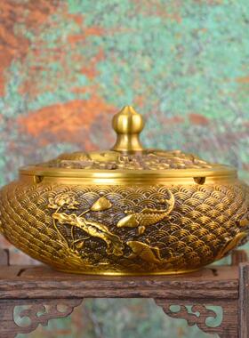 宏达锦锦鲤烟灰鲤鱼烟灰全黄铜浮雕储摆物罐创意家居装缸饰品鲤烟