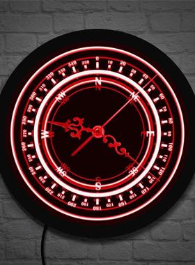 LED发光挂钟黑色墙钟现代航海罗盘家居装饰夜光时钟