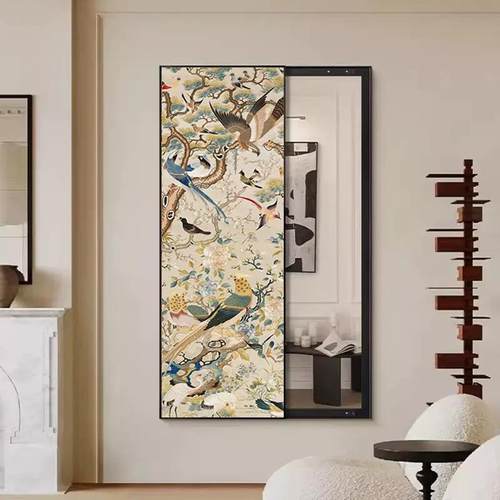 中古风花鸟祥和图推拉镜装饰画卧室隐形全身镜挂画入户玄关换衣镜