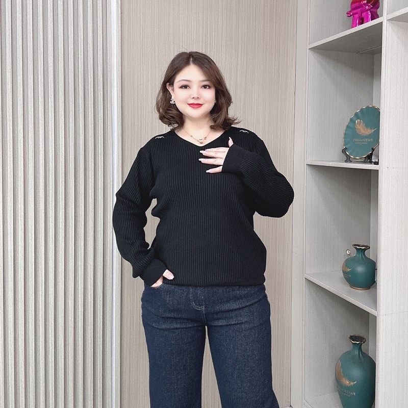 漂亮洋气V领针织衫女春秋装大码胖mm宽松显瘦内搭打底衫长袖毛衣