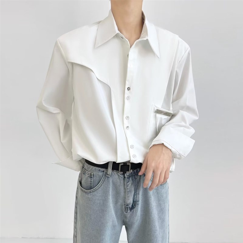 高级感工装衬衫男解构设计感拼接宽松长袖禁欲系链条衬衣薄款外套