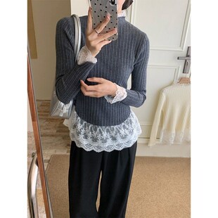 大码蕾丝拼接长袖针织打底衫女秋冬季内搭半高领毛衣百搭显瘦上衣