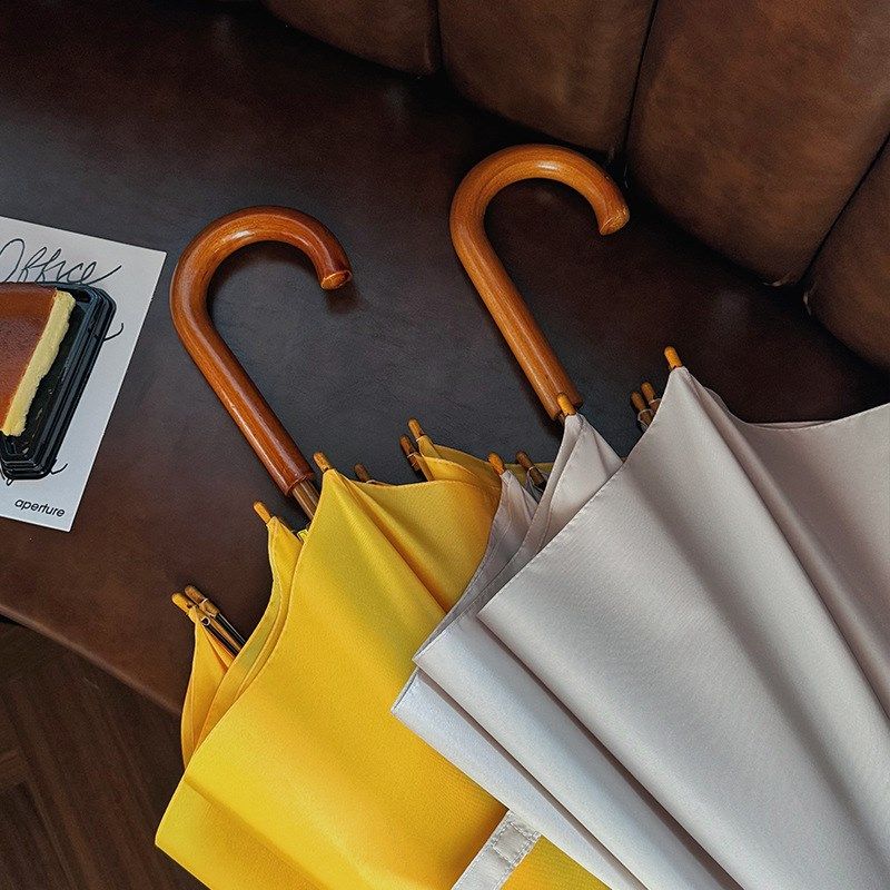 复古黄色长柄雨伞双人木柄木杆8骨加大加固防风木质男女自动