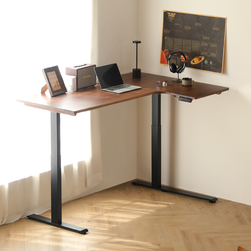 转角书桌电动实木升降桌l型拐角儿童轻奢电脑小户型办公黑胡桃木