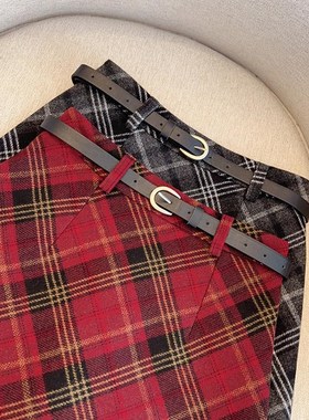 红色格子半身裙女春秋025新款百搭毛呢小个子格纹a字裙短款裙子