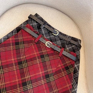 红色格子半身裙女春秋025新款百搭毛呢小个子格纹a字裙短款裙子