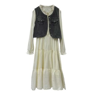 牛仔马甲长袖连衣裙两件套2024秋季新款时尚百搭设计感仙女裙套装