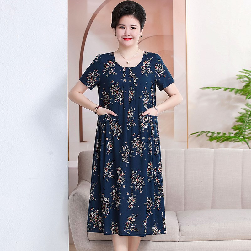 胖妈妈连衣裙夏装宽松遮肚200斤加肥加大码中老年女装碎花棉绸裙