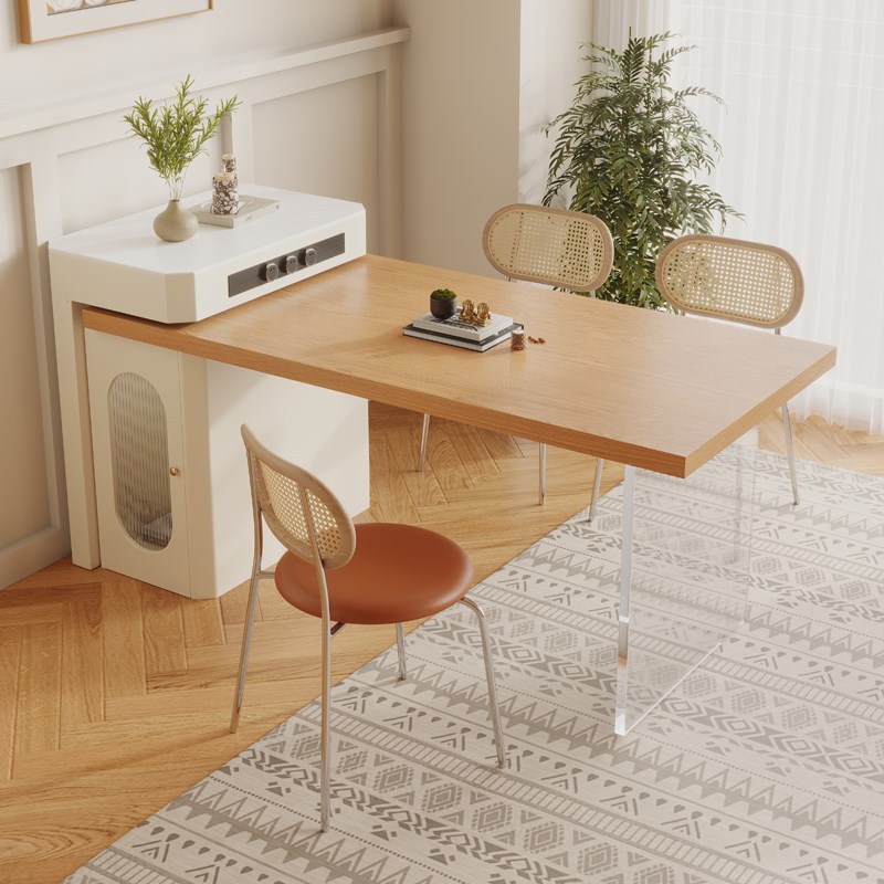 法式奶油风超小迷你户型岛台餐桌一体家用可伸缩实木悬浮齐平导台