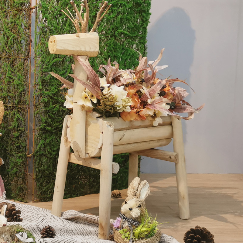 铁艺屏风木质小鹿草编兔子组合橱窗幼儿园自然角装饰摆件花园布置