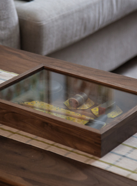 陈列盒北美特级黑胡桃玻璃透明收藏展示盒实木带盖收纳整理首饰盒