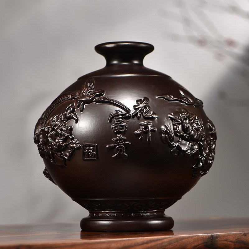 黑檀木雕刻花开富贵花瓶摆件客厅插花装饰家居实木质中式开业礼品
