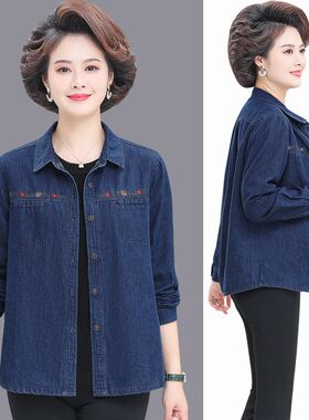 妈妈春装纯棉牛仔衬衫长袖薄款外套女中老年人春秋季全棉上衣褂子