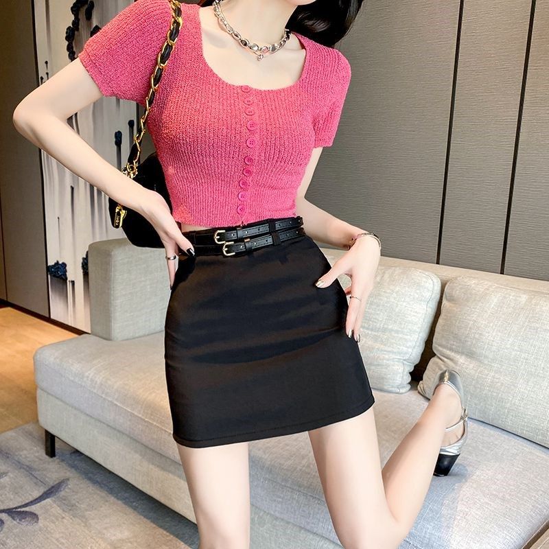 白色高腰包臀短裙女2025夏紧身弹力显瘦性感半身裙腰带一步裙子黑