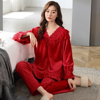 金黛儿海岛绒睡衣女士2025蛇年新款套头红色结婚本命年家居服套装