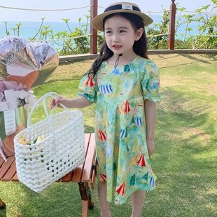 女童油画连衣裙夏装短袖沙滩裙中大童洋气宝宝网红夏季儿童碎花裙