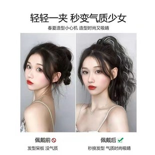 假发辫马尾抓夹真发短款蓬松挑染高马尾抓夹假发长发马尾梨花卷