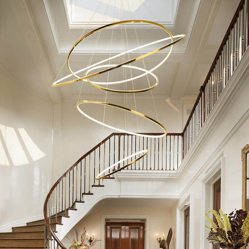 北欧简约现代别墅吊灯复式楼梯客厅圈圈灯环形艺术餐厅不锈钢吊灯