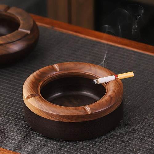 胡桃木烟灰缸家用大号个性创意茶几摆件中式复古黑檀实木烟灰缸