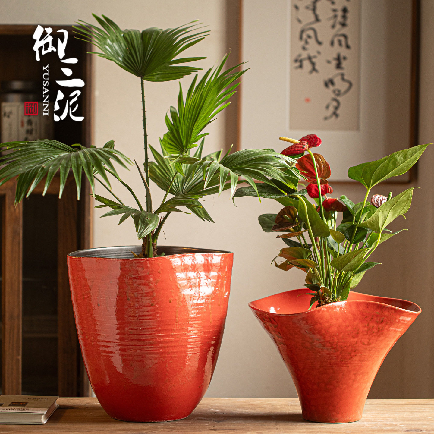 御三泥手工陶瓷花盆复古中式红色大口径透气居家民宿造景种植盆栽