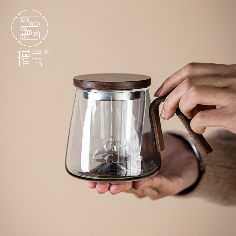 瓘玉水晶玻璃雪山办公杯烟灰侧把茶水分离杯办公杯带盖个人专用杯