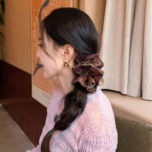 复古格纹丸子头大肠发圈女小众设计高级感洋气时尚百搭头饰发绳