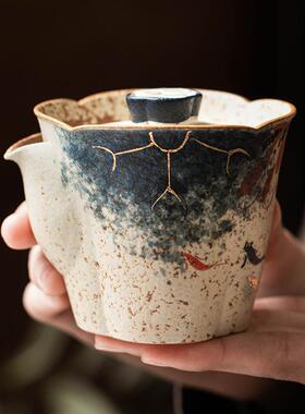 青花火花石陶茶壶手绘描金荷韵锦鲤口手抓壶中式复古瓷NMU红泡茶