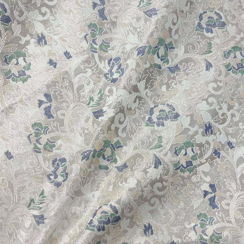 仿布宋锦灰白国旗袍QWF新中式面料粉禅莲花问织锦缎中风料