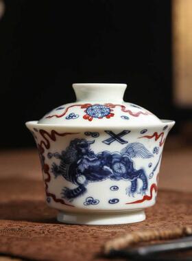 青花龙纹盖碗式复景德两中才碗陶瓷32423家用马蹄古功盖碗夫茶具