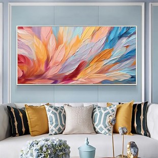 大芬村纯手绘油画抽象肌理立体羽毛大幅客厅装饰画横版卧室装饰画