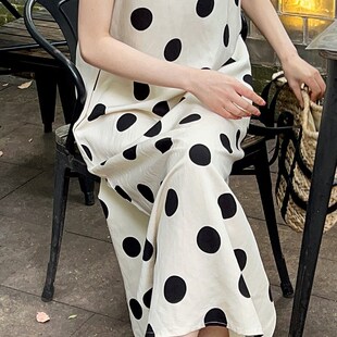 YNVN杏色波点无袖背心连衣裙女夏季2024新款法式圆领显瘦长裙子