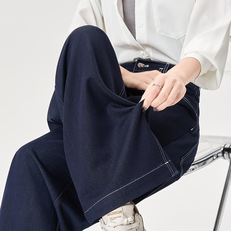 深蓝色牛仔裤女2025新款夏季薄款高腰直筒裤复古加长宽松阔腿裤子