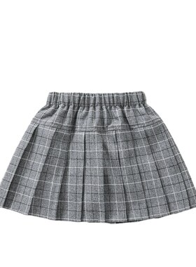 大中小女童一字A款百褶jk半身裙灰色格子学院风四季常服班级摆拍